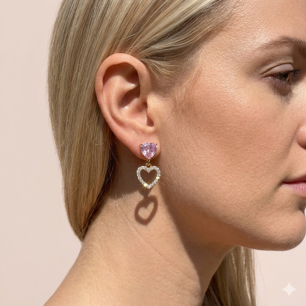 NOORÉ Pink Crystal Heart Gold Plated and Waterproof | Drop & Dangle Earrings