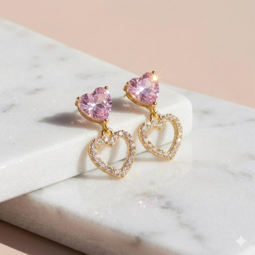 NOORÉ Pink Crystal Heart Gold Plated and Waterproof | Drop & Dangle Earrings