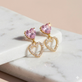NOORÉ Pink Crystal Heart Gold Plated and Waterproof | Drop & Dangle Earrings