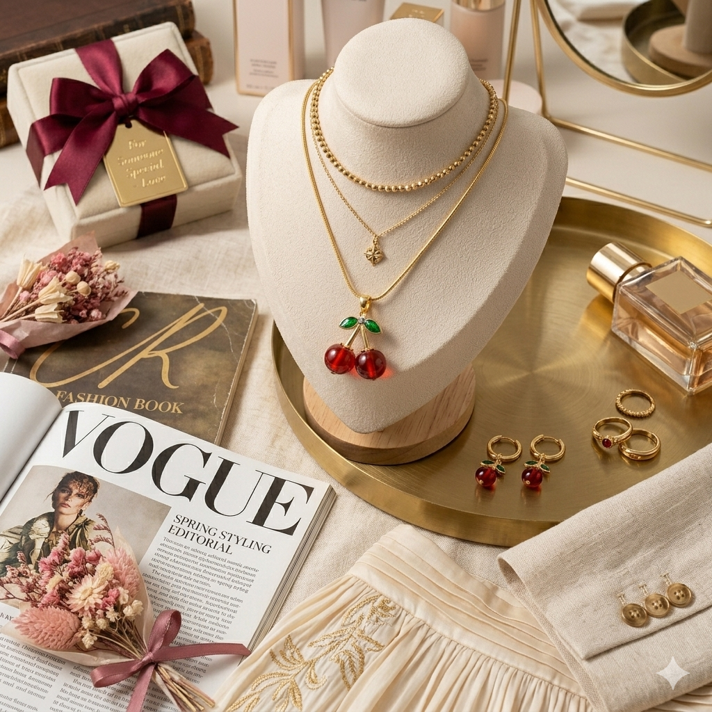 NOORÉ Red Cherry Gold Necklace | Tarnish-Free, Waterproof & Lightweight | Gift for Women & Girls