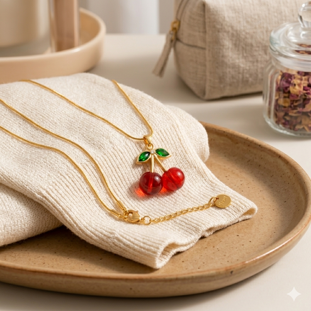 NOORÉ Red Cherry Gold Necklace | Tarnish-Free, Waterproof & Lightweight | Gift for Women & Girls