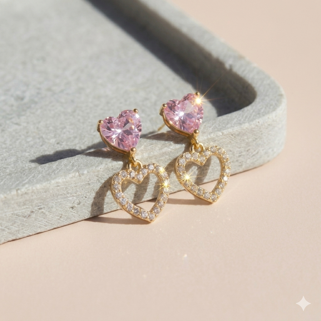 NOORÉ Pink Crystal Heart Gold Plated and Waterproof | Drop & Dangle Earrings